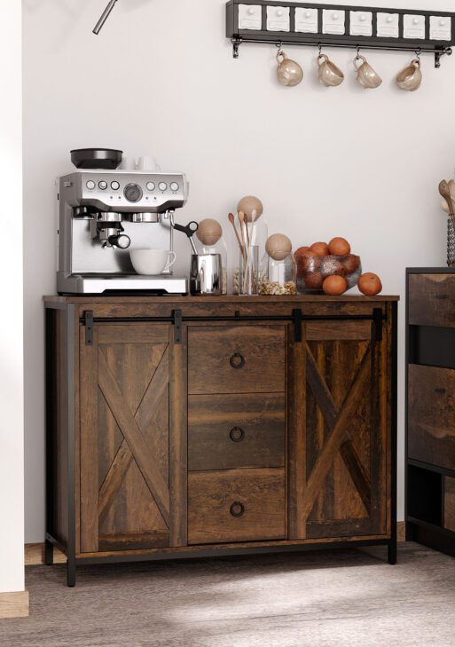 Buffet Cabinet Kitchen Sideboard with Sliding Barn Doors, Brown