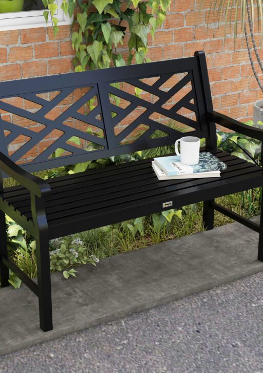 Outdoor Garden Bench, Wooden Frame Patio Bench with Geometric Pattern, 43.25 Inch Weatherproof 2-Person Love Seat for Garden, Lawn, Porch, Yard, Work Entryway, Black
