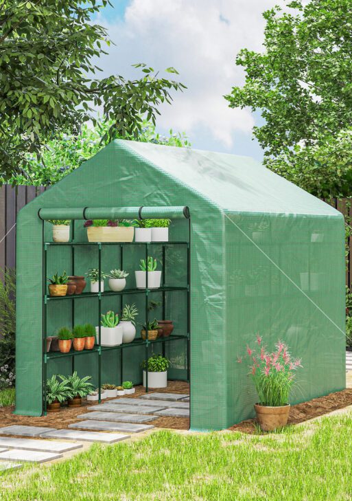 Outdoor Walk-in Greenhouse with Roll-up Zipper Door, 18 Shelves, PE Cover, 95.25" x 70.75" x 82.75", Green