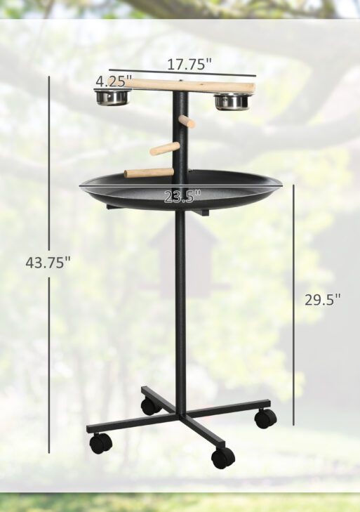 Portable Bird Play Stand, Parrot Perch Bird Feeder Station with Wheels, Stainless Steel Feeding Bowls, Tray, Gray