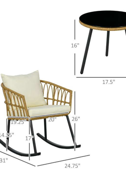 Wicker Outdoor Rocking Chair Set, 3 Piece Patio Bistro Set with 2 Porch Rocker Chairs, Glass Top Coffee Table and Cushions, Patio Conversation Set for Balcony, Backyard, Cream White