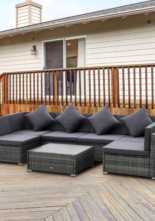 7-Piece Patio Furniture Sets PE Rattan Sectional Sofa Set Outdoor Conversation Set w/Acacia Top Coffee Table & Cushion for Garden, Backyard, Grey