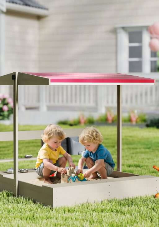 Kids Sandbox with Height Adjustable Canopy, Wooden Sandbox Backyard Toy with Kitchen Playset Accessories, Outdoor Activity Gift for Girls and Boys, Ages 3-7
