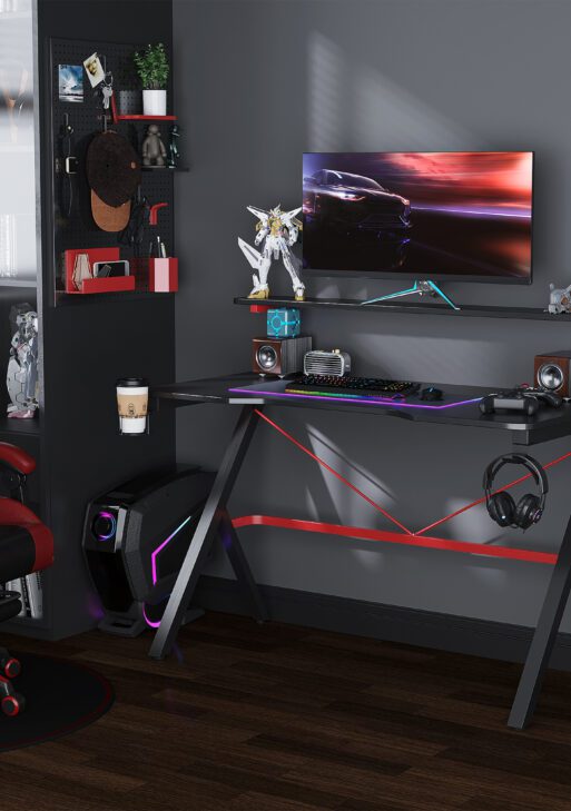 47 Inch Gaming Desk Racing Computer Desk Home Office Workstation with Elevated Monitor Shelf Rotatable Cup Holder Headphone Hook, Black