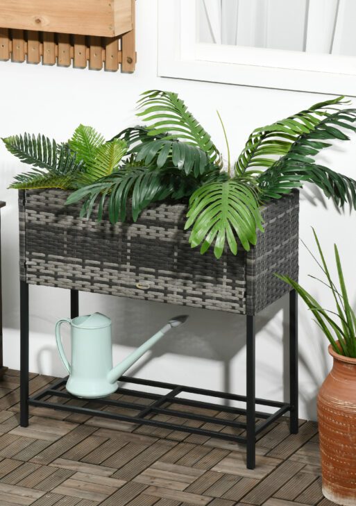 Raised Garden Bed, Elevated Planter Box with Rattan Wicker Look, Tool Storage Shelf, Portable Design for Herbs, Vegetables, Flowers, Gray