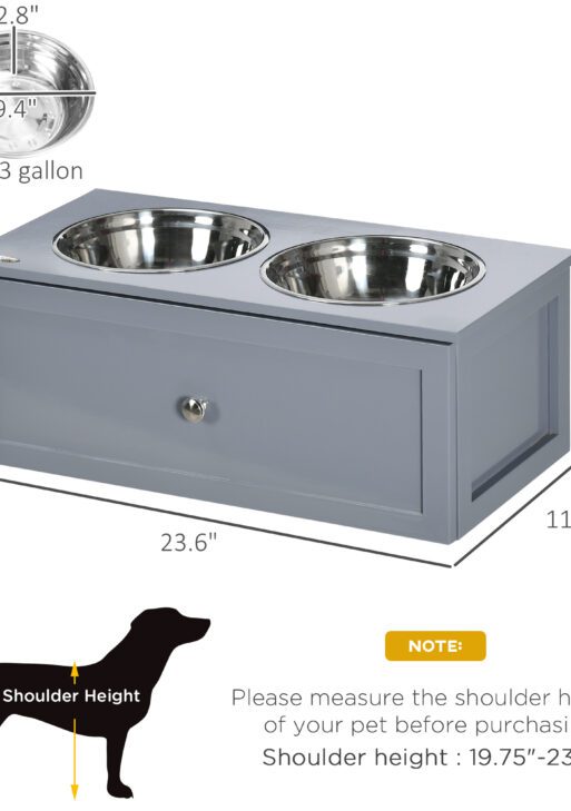 Elevated Dog Bowls with Storage, 2 Stainless Steel Bowls for Medium Dogs, Gray
