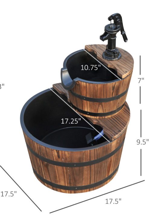 Wood Freestanding Fountain with 2 Tier Waterfall Barrel, Electric Pump for Garden Decor, Lawn, Backyard