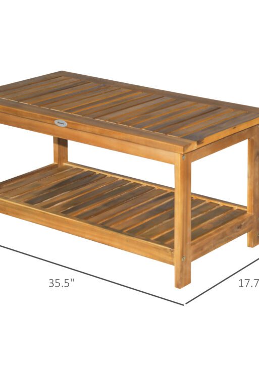 36" Outdoor Coffee Table 2-Shelf Acacia Wood Rectangular Buffet Storage Organizer Natural Finish Teak Patio, Deck, Lawn, Garden