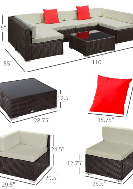 7 Piece Outdoor Patio Sofa Set with Cushions, All Weather PE Rattan, 29.5" Sofa Section, Glass Top Coffee Table for Outdoor Living, Beige