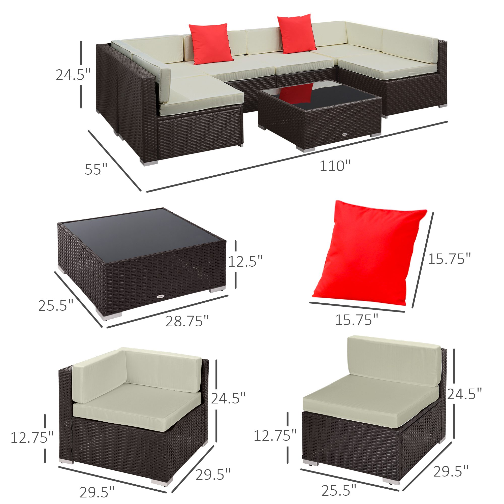 7 Piece Outdoor Patio Sofa Set with Cushions, All Weather PE Rattan, 29.5" Sofa Section, Glass Top Coffee Table for Outdoor Living, Beige - Image 1