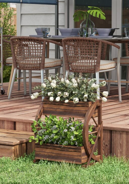 Wooden Wagon Planter Box, 2-Tier Raised Garden Bed, for Vegetables Flowers Herbs, 22" x 13" x 22"