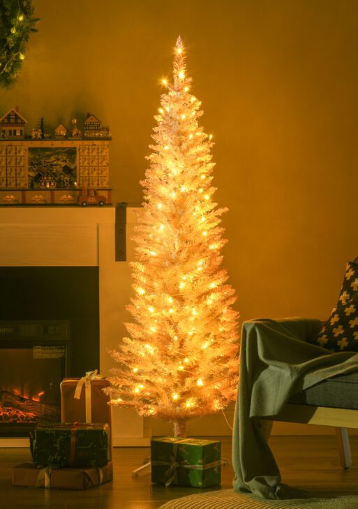 5ft Pencil Christmas Tree, Slim Artificial Christmas Tree with Realistic Branches and Warm White LED Lights, Pink