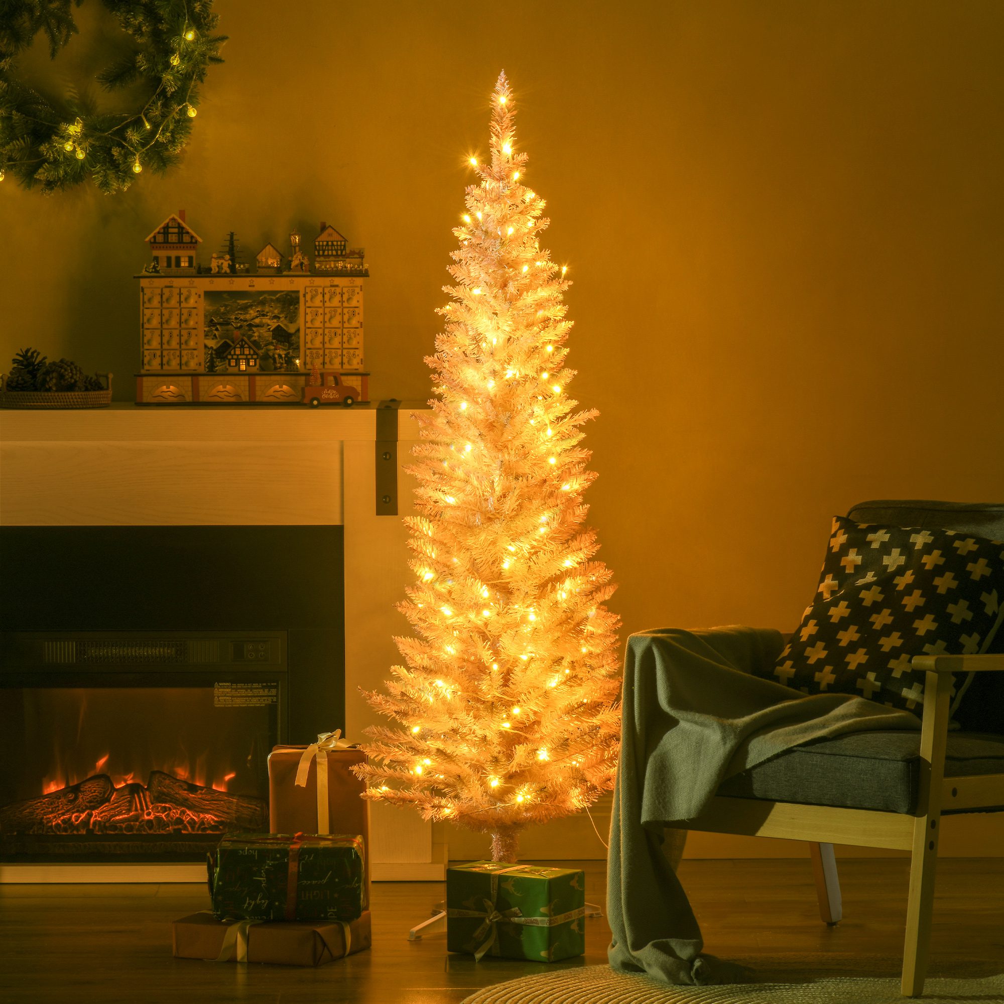 5ft Pencil Christmas Tree, Slim Artificial Christmas Tree with Realistic Branches and Warm White LED Lights, Pink