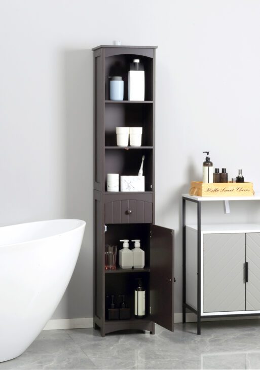 Bathroom Storage Cabinet, Free Standing Bathroom Storage Unit, Tall Linen Tower with 3-Tier Shelves and Drawer, Brown