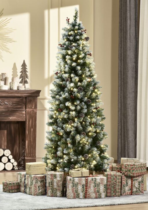 6ft Pre-Lit Snow-Dipped Artificial Christmas Tree with Realistic Branches, 300 LED Lights, Pine Cones, Red Berries and 618 Tips