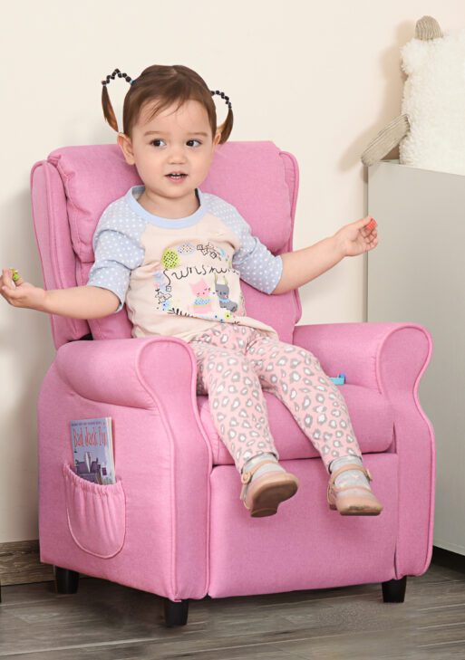 Kids Recliner Chair Children Sofa Angle Adjustable Single Lounger Armchair Gaming Chair with Footrest 2 Side Pockets for 3-5 Years, Light Pink