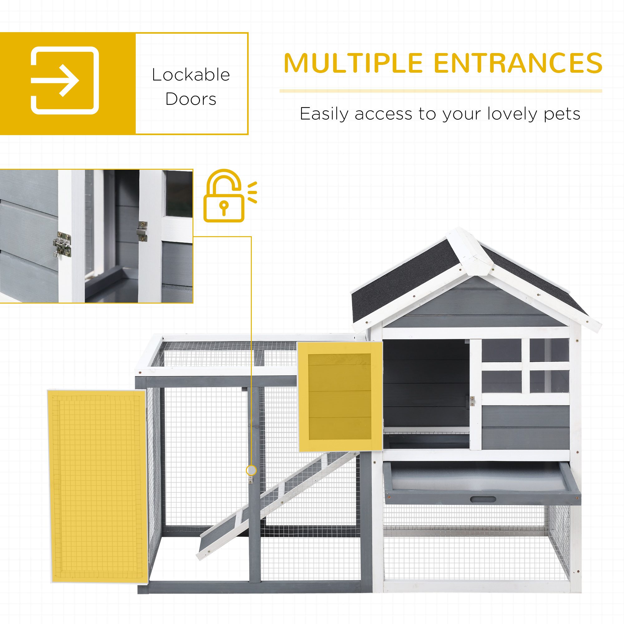 Indoor Rabbit Enclosure, 48" Weatherproof Wooden Rabbit Hutch, with Slanted Asphalt Roof & Fun Outdoor Run for Bunnies & Ferrets - Gray - Image 3