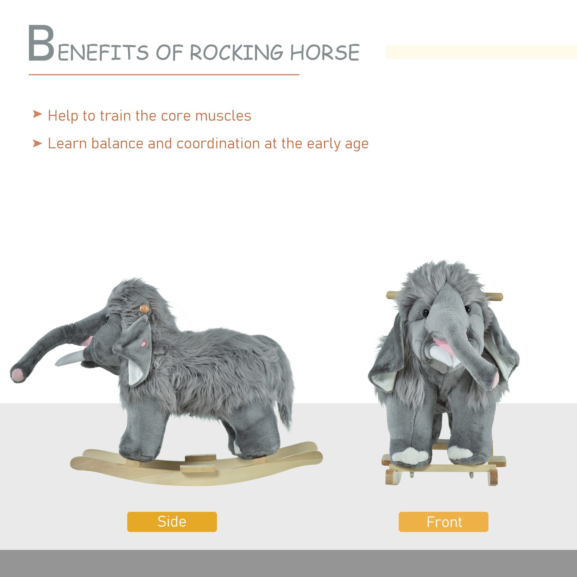 Kids Ride-On Rocking Horse Toy Mammoth Style Rocker with Fun Music & Soft Plush Fabric for Children 3+ Years - Image 3