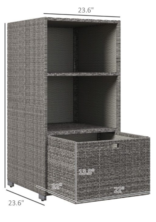 PE Rattan Pool Towel Rack with 2 Storage Shelves Basket Mixed gray