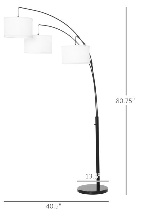 Arc Floor Lamp with 3 Hanging Drum Shape Lampshade, Flexible Steel Pole and Marble Round Base, Black/White