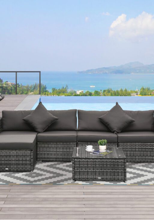 6 Piece Patio Furniture Set Outdoor Wicker Conversation Set All Weather PE Rattan Sectional Sofa Set with Ottoman, Cushions and Tempered Glass Table, Mixed Gray and Charcoal