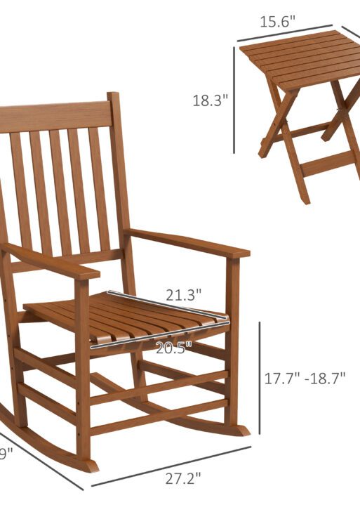 Outdoor Rocking Chair Set of 2 with Side Table, Patio Wooden Rocking Chair with Smooth Armrests, High Back for Garden, Balcony, Porch, Supports Up to 352 lbs, Teak