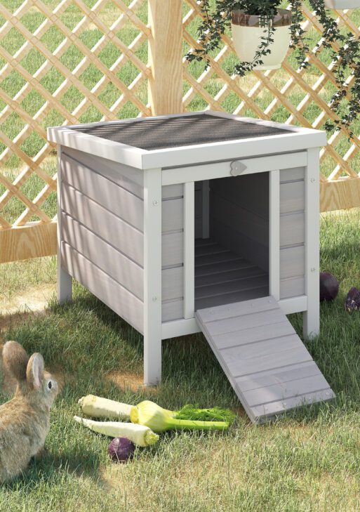 Small Wooden Rabbit Hutch Bunny Cage Guinea Pig Cage Duck House Dog House with Openable & Waterproof Roof, for Rabbits, Chickens, Ducks, Gray