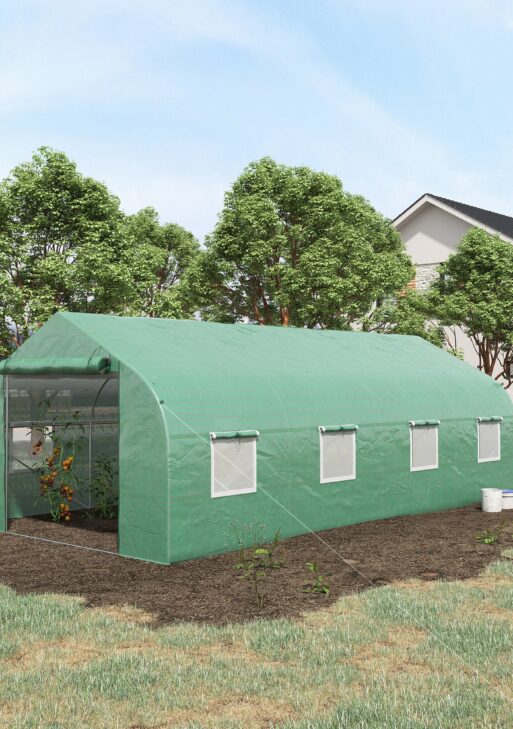 20' x 10' x 7' Walk-in Tunnel Greenhouse with Zippered Mesh Door and 8 Mesh Windows, Gardening Plant Hot House with Galvanized Steel Hoops, Green