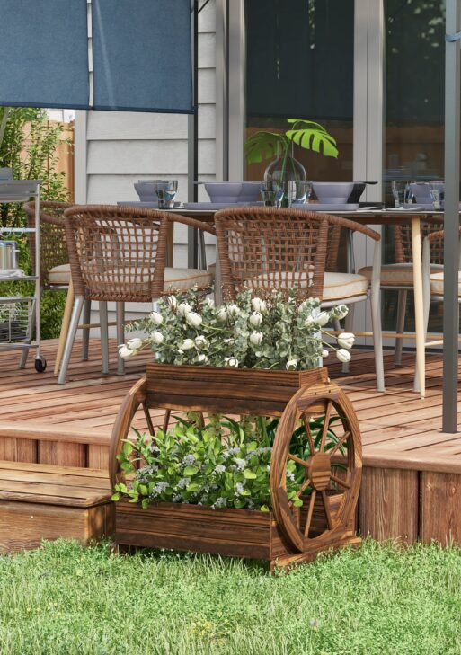 Wooden Wagon Planter Box, 3-Tier Raised Garden Bed, for Vegetables Flowers Herbs, 25" x 21" x 24"