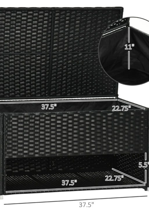 Outdoor Deck Box & Shoe Storage, PE Rattan Wicker Towel Rack with Liner for Indoor, Outdoor, Patio Furniture Cushions, Pool, Garden Tools, Black