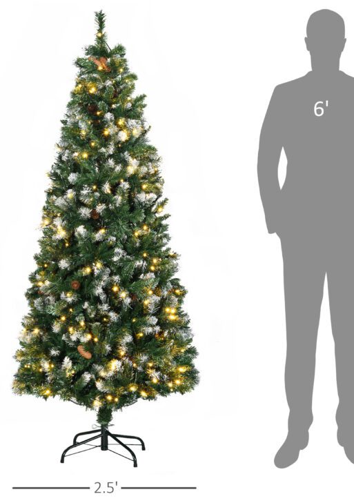 6' Decorated Christmas Trees, Skinny Prelit Artificial Christmas Tree with Snow-dipped Branches, Auto Open, Pinecones