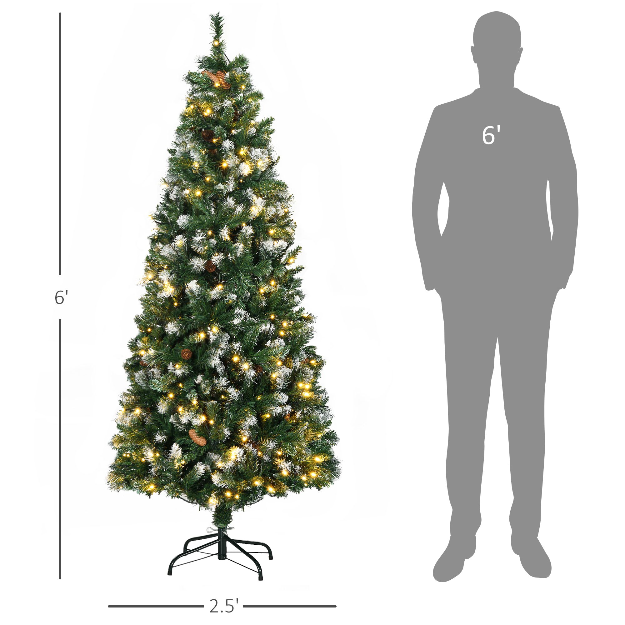 6' Decorated Christmas Trees, Skinny Prelit Artificial Christmas Tree with Snow-dipped Branches, Auto Open, Pinecones - Image 1