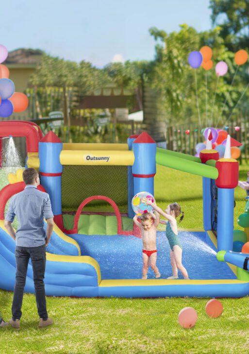 6-in-1 Inflatable Bounce House with Slide, Climbing Wall, Water Cannon, and More, Inflatable Water Slide for Kids with 2 Min. Inflation and Air Blower