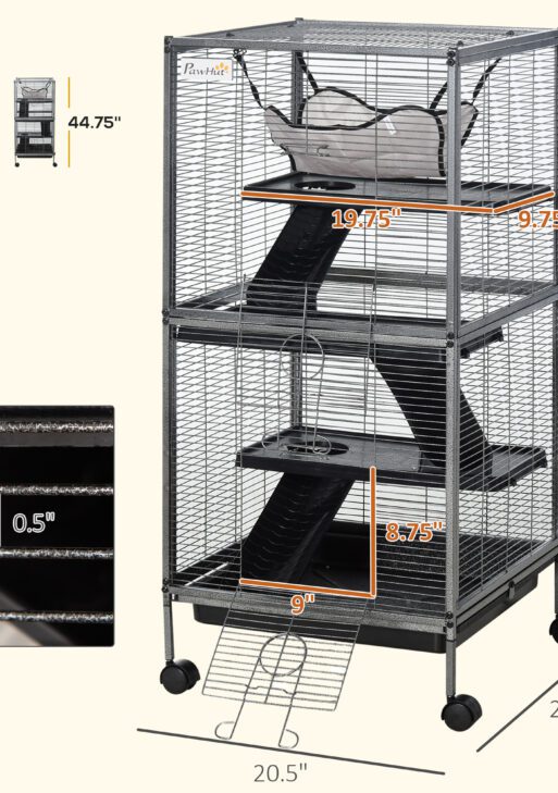 Metal Small Animal Cage Rolling Big Ferret Cage, Chinchilla Cage, Sugar Glider Cage, with Hammock & 4 Tiers, Removable Tray, Gray