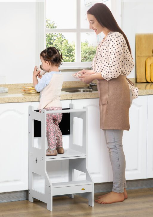 Kids Kitchen Step Stool, 2 in 1 Kitchen Table Set Toddler Standing Tower with Chalkboard, Safety Rail for Kitchen, Bathroom, Bedroom, Gray
