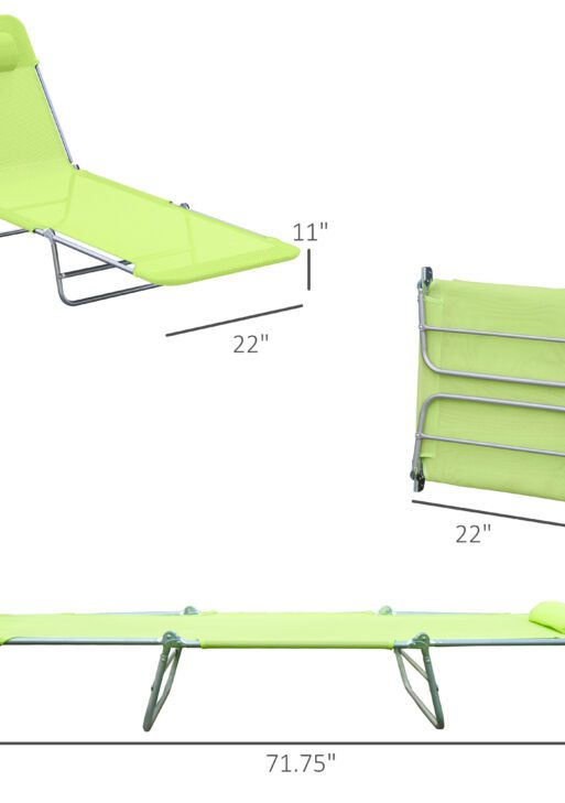 Folding Chaise Lounge Pool Chairs, Outdoor Sun Tanning Chairs with Pillow, Reclining Back, Steel Frame & Breathable Mesh for Beach, Yard, Patio, Green
