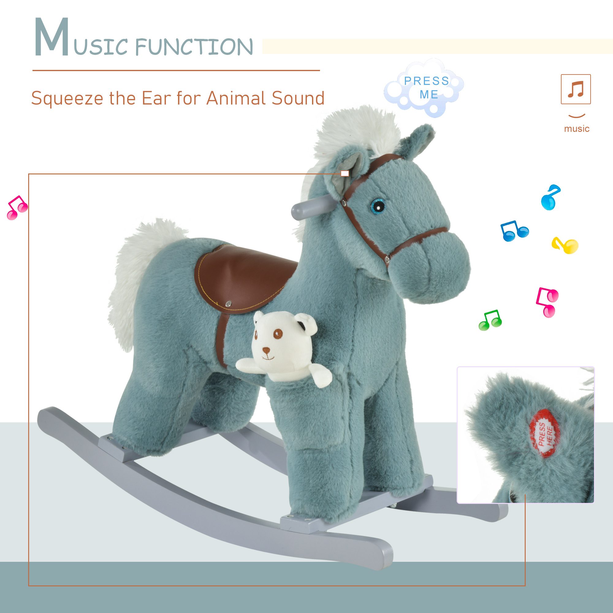 Qaba Kids Plush Ride-On Rocking Horse with Bear Toy, Children Chair with Soft Plush Toy & Fun Realistic Sounds, Blue - Image 2