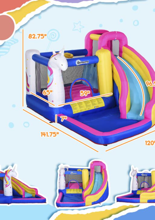 Inflatable Water Slide Bounce House with Trampoline, Climbing Wall, Water Cannon, Basketball Hoop, Splash Pool, 450W Blower, Unicorn Themed Bouncy House for Kids 3-8 Years Old