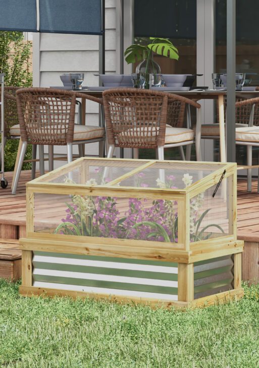 Raised Garden Flower Bed Kit with Lean-to Greenhouse, Wooden Cold Frame Planter, 41" x 22.5" x 28.25", Natural