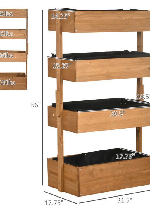 Vertical 4 Tier Raised Garden Bed, Wooden Planter Box, Self-Draining with Bed Liner for Indoor Outdoor Flowers, Vegetables and Herbs, Orange
