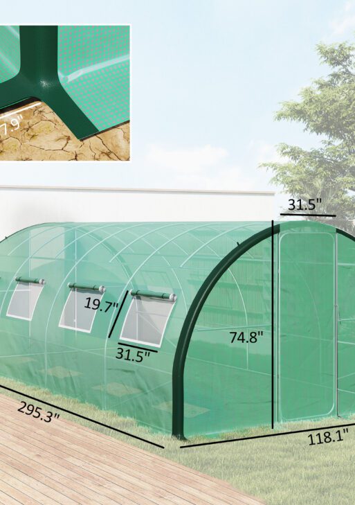 Tunnel Greenhouse Walk-in Plant Warm House with 2 Hinged Doors, 8 Mesh Windows, 20' x 10' x 6.6', Green