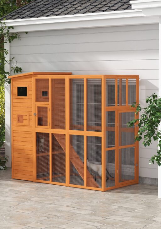 Wooden Outdoor Catio with Platforms, Asphalt Roof, Ramps, Natural