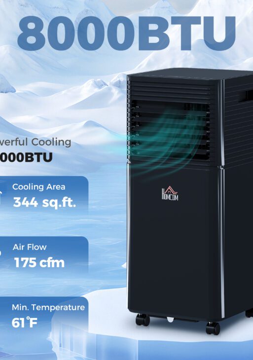 8000 BTU Portable Air Conditioner with Dehumidifier, Cooling Fan, Sleep, Remote, 24H Timer, Auto Off, Black