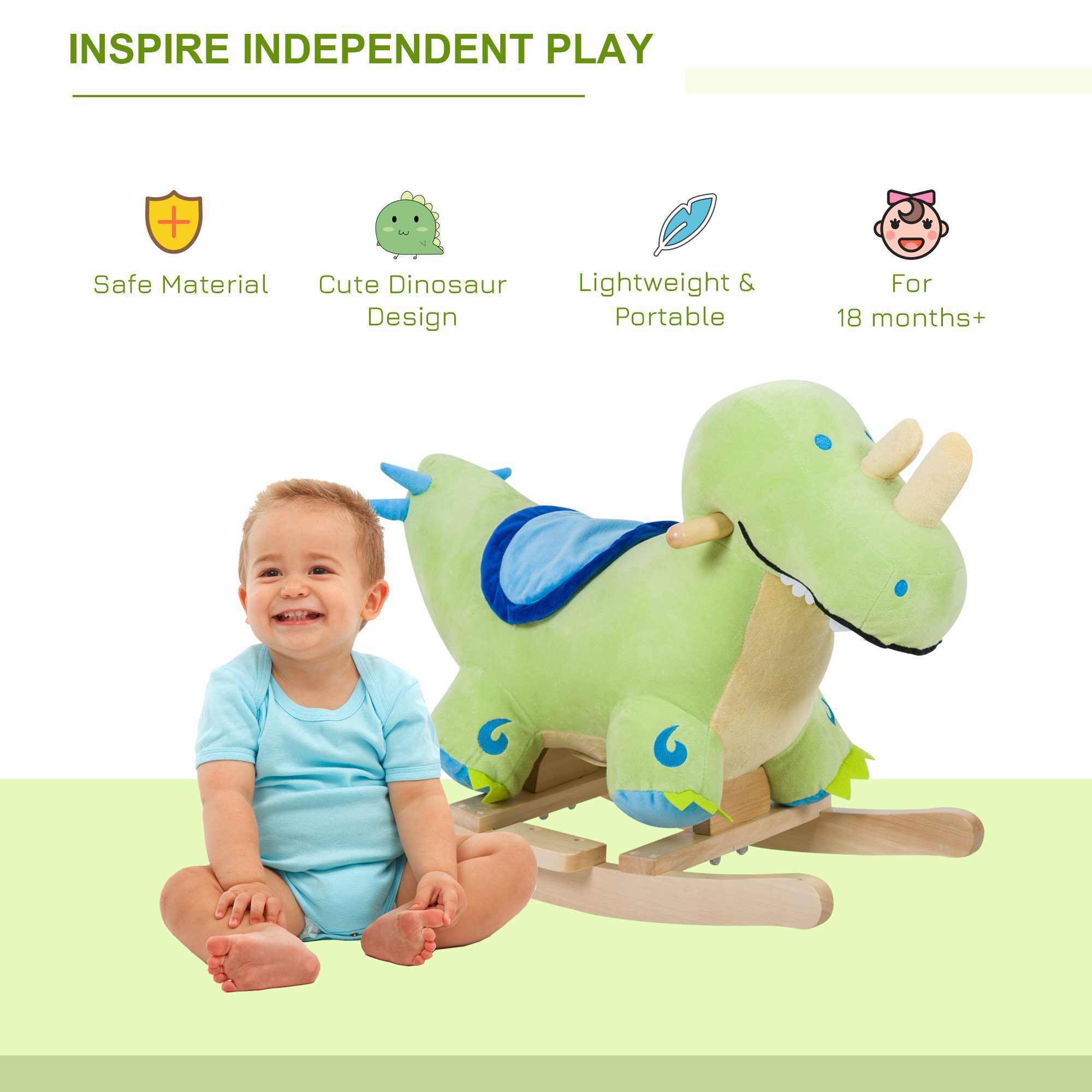 Kids Plush Ride-On Rocking Horse Toy Dinosaur Ride on Rocker Green with Realistic Sounds - Image 2