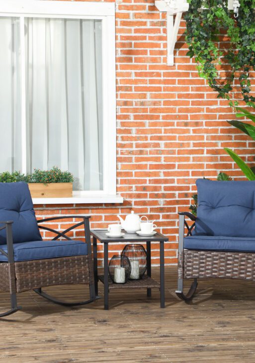 3 Piece Rocking Patio Wicker Set, Outdoor Rocking Chairs, Patio Coffee Set for Garden, Family Use, Dark Blue