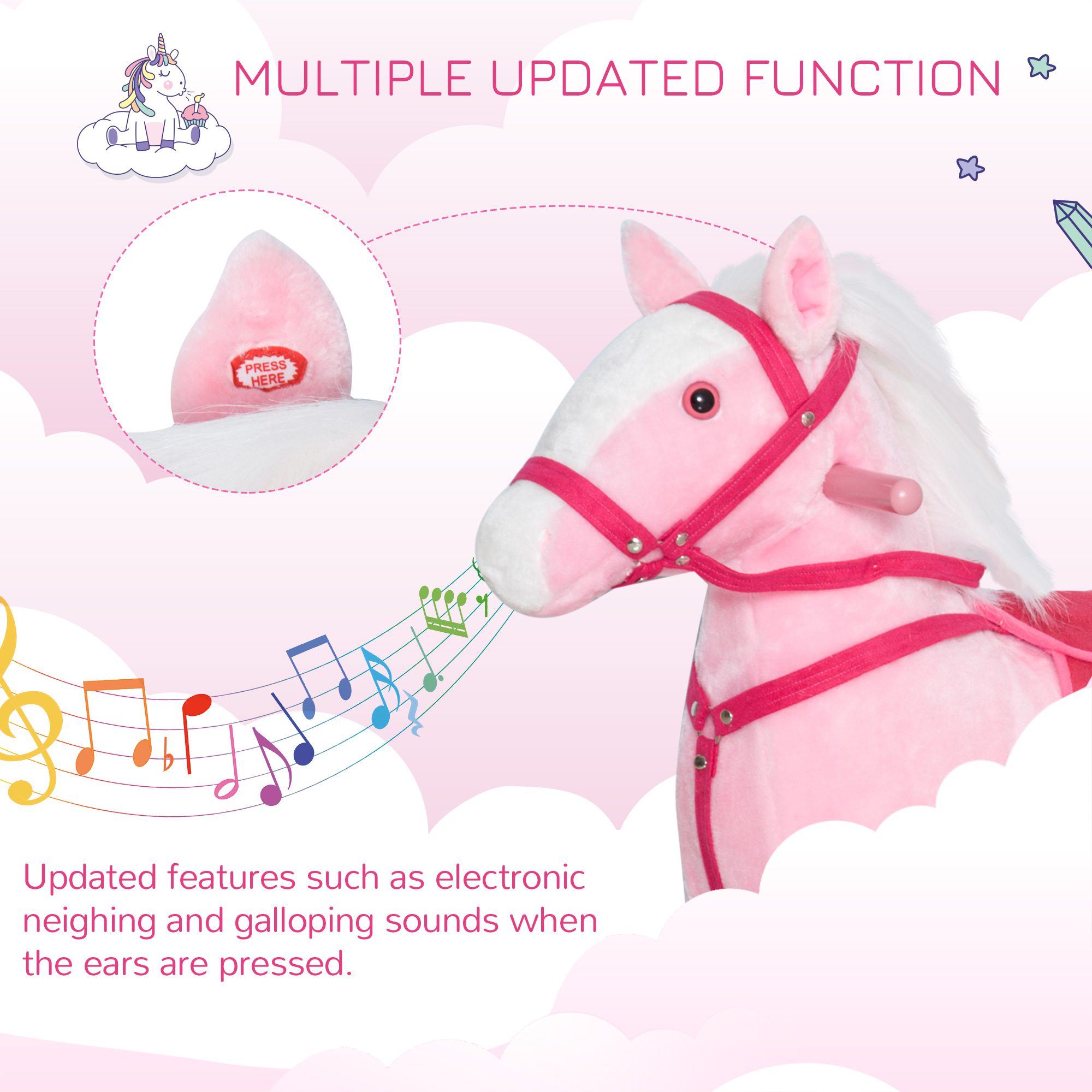 Kids Plush Toy Rocking Horse Pony Toddler Ride on Animal Rocker with Realistic Sounds, Birthday Gifts for Girls, Pink - Image 3