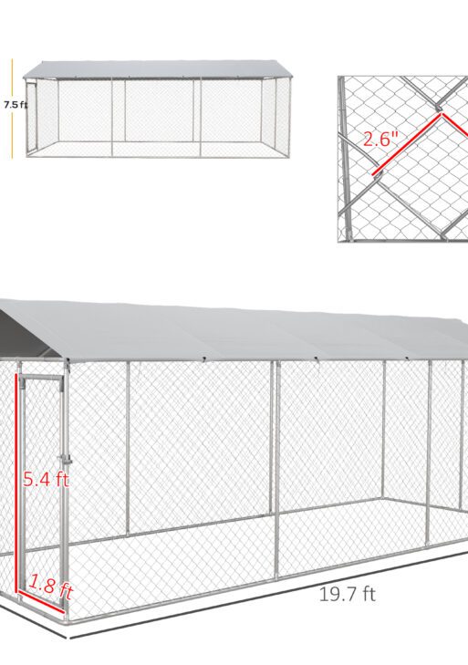 19.7' x 7.5' x 7.5' Outdoor Dog Kennel for Large-Sized Dogs with Waterproof UV Resistant Roof, Silver