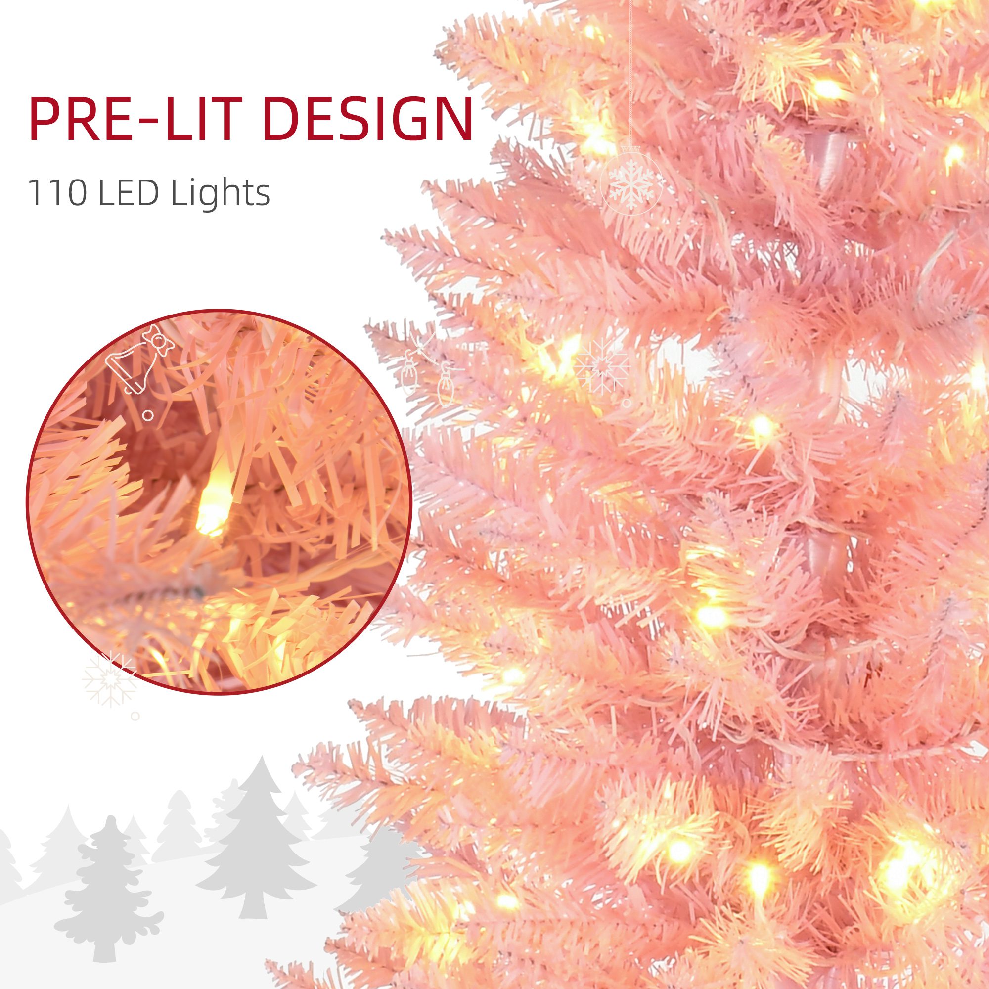 5ft Pencil Christmas Tree, Slim Artificial Christmas Tree with Realistic Branches and Warm White LED Lights, Pink - Image 3