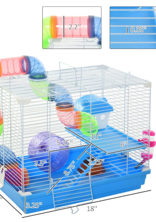 2-Level Hamster Cage Rodent Gerbil House Mouse Mice Rat Habitat Metal Wire with Exercise Wheel, Play Tubes, Water Bottle, Food Dishes, & Interior Ladder
