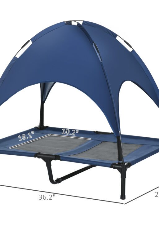 Elevated Portable Dog Cot Pet Bed with UV Protection Canopy Shade, 36 inch, Dark Blue